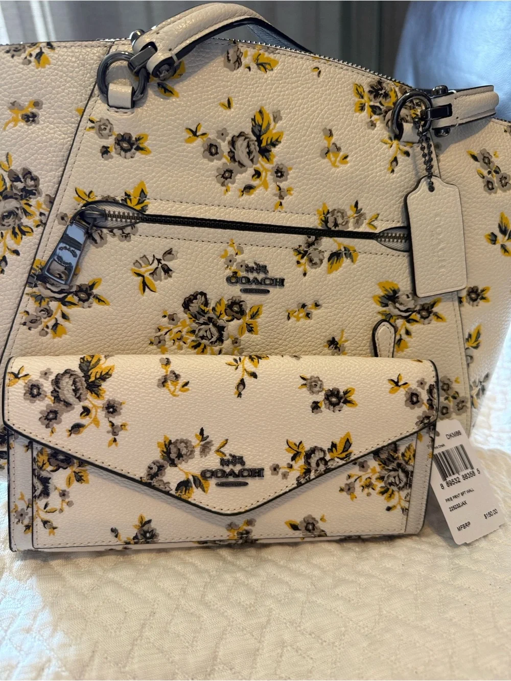 Coach NWT Floral Leather Satchel and Wallet Set in White/Yellow